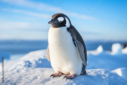 portrait of penguin on snow mountain. Generated AI
