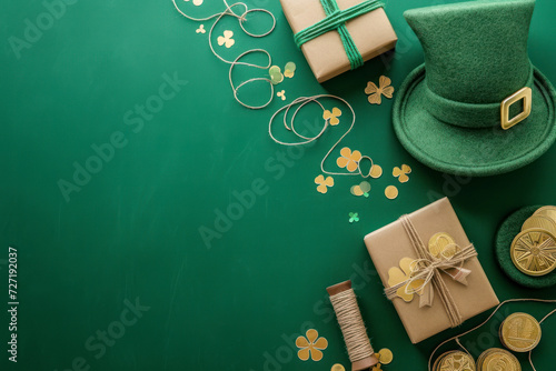 Saint Patrick's Day concept. Top view photo of leprechaun hat present boxes spool of twine gold coins bow-tie horseshoe clovers and confetti on isolated green background with copyspace. photo