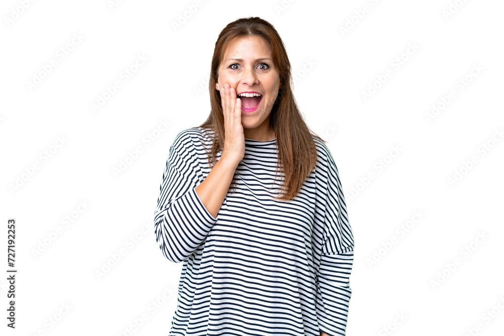 Middle age woman over isolated background with surprise and shocked facial expression Middle age woman over isolated background with surprise and shocked facial expression