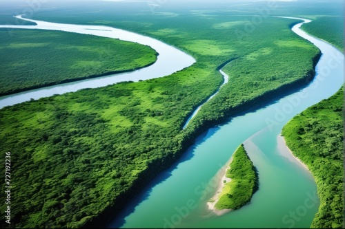 Top view of a long river winding its way through the green forest