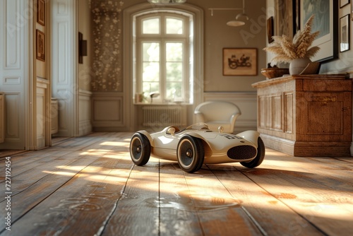 A miniature vehicle rests on a polished wooden floor, its wheels poised to conquer the indoor terrain, while a nearby window frames the building beyond and the wall offers support for the daring toy 