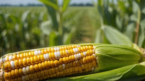 Close-up corn cobs in corn plantation field. corn close-up grows in a field.
