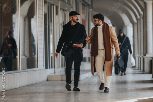 An image depicting two stylish businessmen engaged in a discussion while walking through an urban corridor. They exude confidence and professionalism.