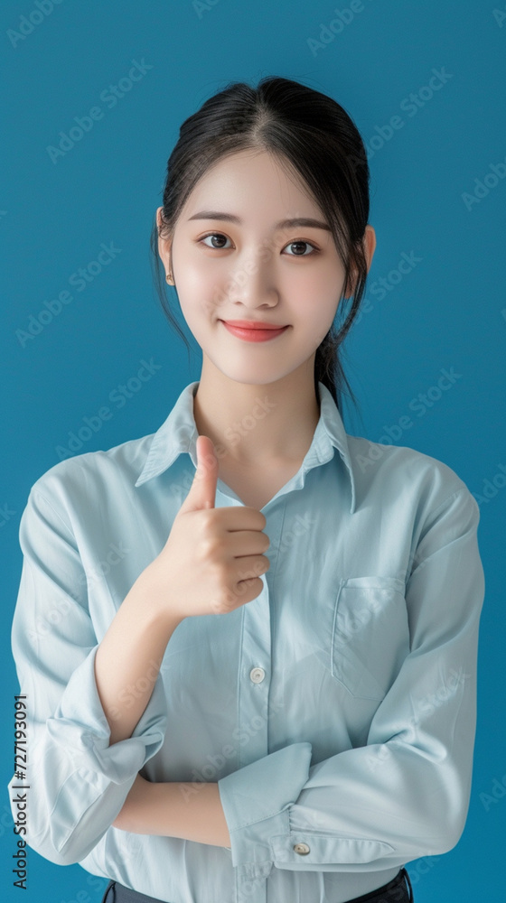 A beautiful Eastern woman gives a thumbs up A beautiful Eastern woman gives a thumbs up
