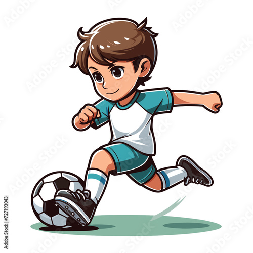 Happy cute little boy playing soccer football game in action cartoon vector illustration, kid player kicking ball design template isolated on white background