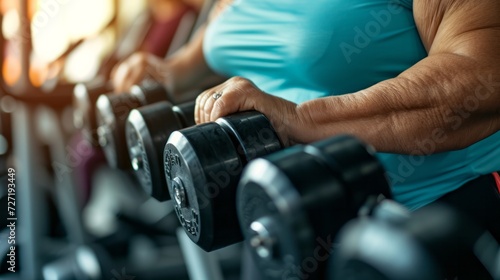 Close up overweight mature elderly middle aged woman in the gym preparing to play sports, the concept of an active life in old age, taking care of the body and building a relationship with weight photo