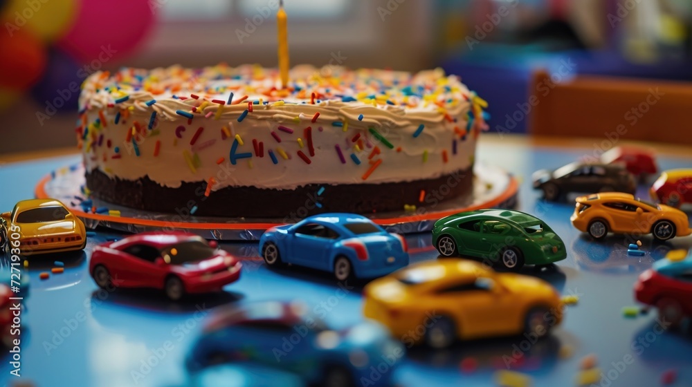 Colorful birthday concept - cake, candles, presents, decorations