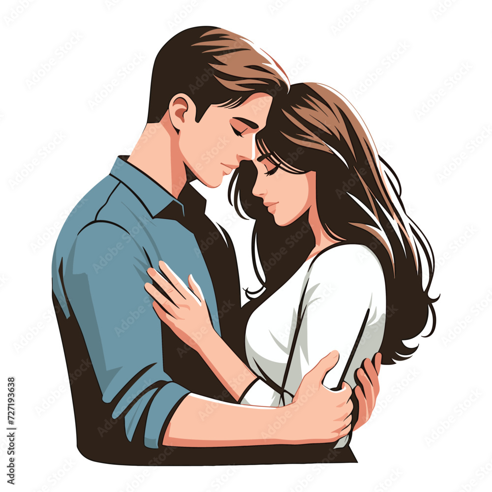 Romantic couple lovers vector illustration, Happy young male female couple together, wife and husband loving relationships. Flat design illustration isolated on white background Romantic couple lovers vector illustration, Happy young male female couple together, wife and husband loving relationships. Flat design illustration isolated on white background