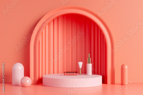 peach pink podium mockup to show cosmetics with arch in modern minimalistic style  1 