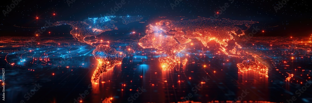 A world map made of dynamic, glowing stock market indices and exchange rates A world map made of dynamic, glowing stock market indices and exchange rates