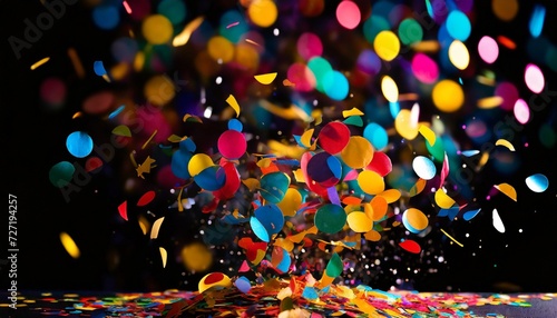 colorful party confetti flying in front of black