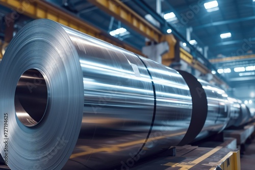 Rolls of galvanized steel sheet inside the factory or warehouse.