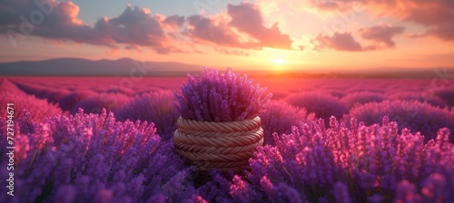 As the sun rises over the violet sky, a basket of lavender sits among a sea of pink and magenta flowers, creating a breathtaking landscape in the great outdoors #727194671