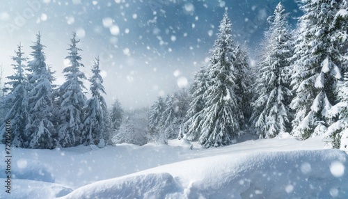 snowfall in winter forest beautiful landscape with snow covered fir trees and snowdrifts merry christmas and happy new year greeting background with copy space winter fairytale © Aedan