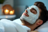 Close-up portrait of  man with facial mask application at spa salon. Facial treatment. Skin care. 