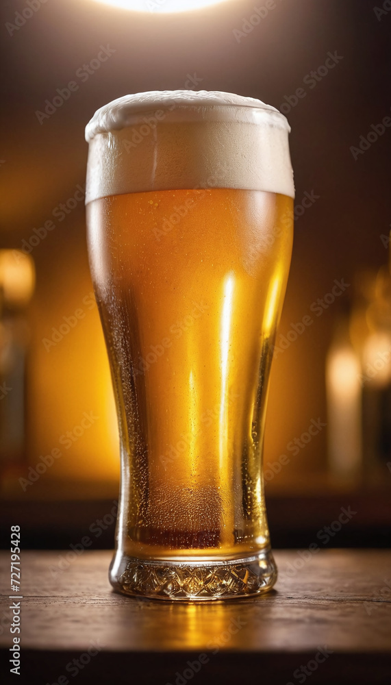 A tall glass of beer with frothy foam sits on a wooden table, illuminated by warm ambient lighting in a cozy bar setting. A tall glass of beer with frothy foam sits on a wooden table, illuminated by warm ambient lighting in a cozy bar setting.