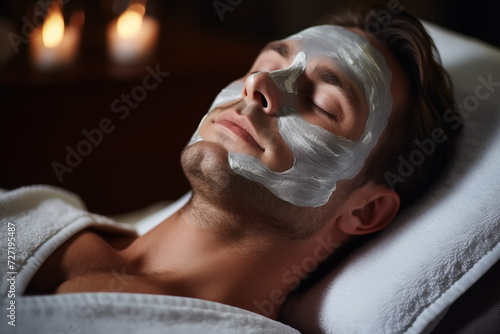 Close-up portrait of man with facial mask application at spa salon. Facial treatment. Skin care. 