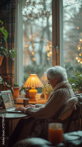 Beautiful elderly woman working on laptop at cozy home office ai