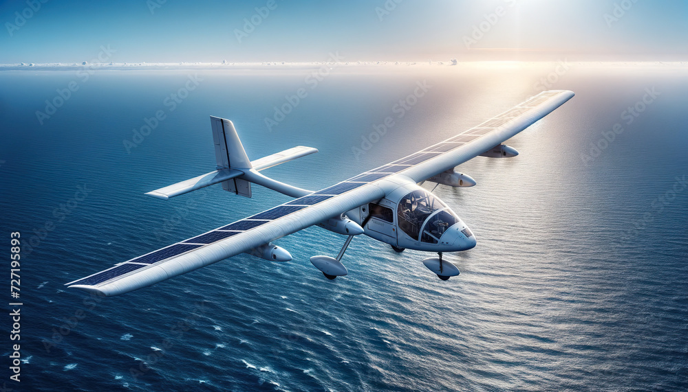 Fototapeta premium A solar plane flies over the ocean. Solar powered planes today are only capturing about 10 or 20 percent of the energy from the sun. That equates to a speed of only 50 miles per hour.