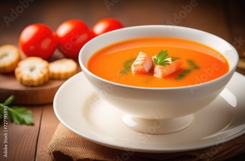 soup with herbs with tomatoes and fish,Fish Soup Plate on Wooden Table Homemade Fish Soup,Traditional Brazilian Fish Stew Moqueca Bayana with Fish Fillets in Tomato Sauce