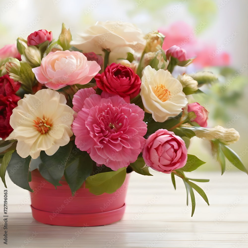 Bouquet of colorful flowers in a basket on a wooden table. AI Generated Bouquet of colorful flowers in a basket on a wooden table. AI Generated