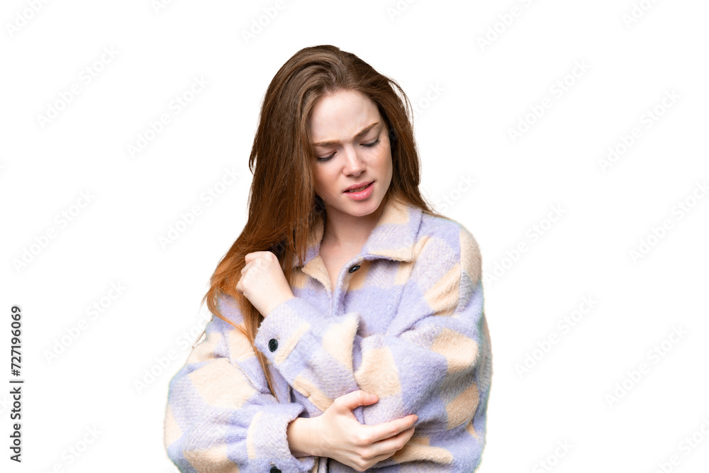 Young pretty woman over isolated chroma key background with pain in elbow Young pretty woman over isolated chroma key background with pain in elbow