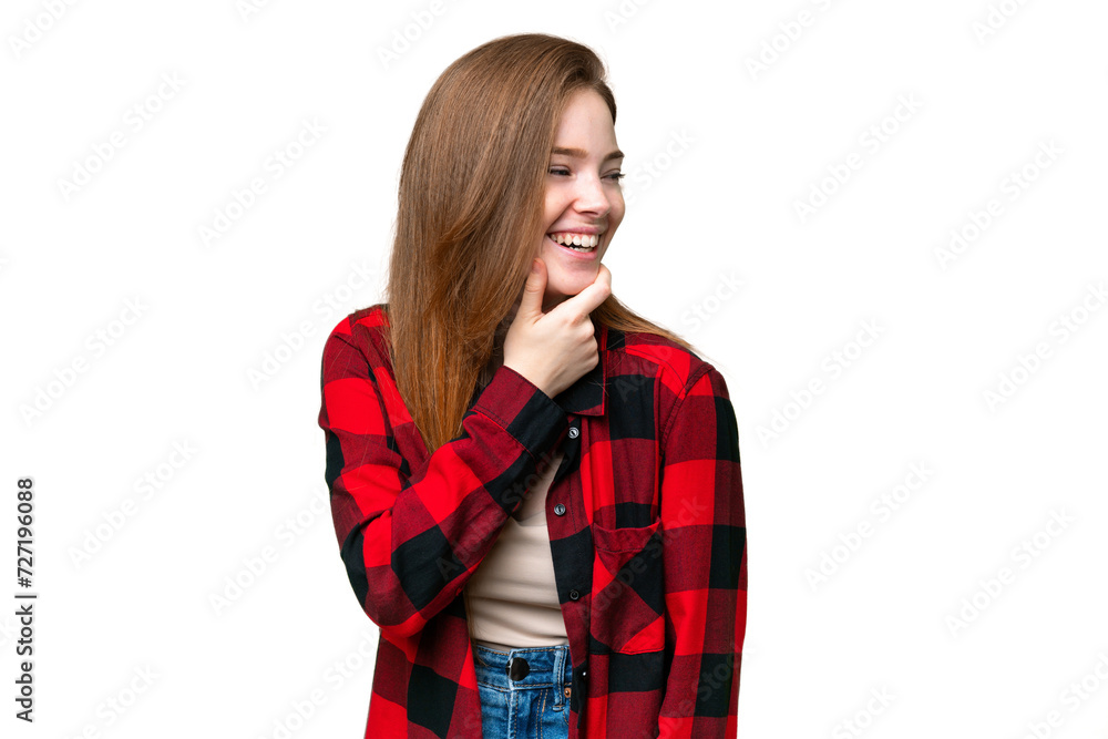 Young pretty woman over isolated chroma key background looking to the side and smiling Young pretty woman over isolated chroma key background looking to the side and smiling