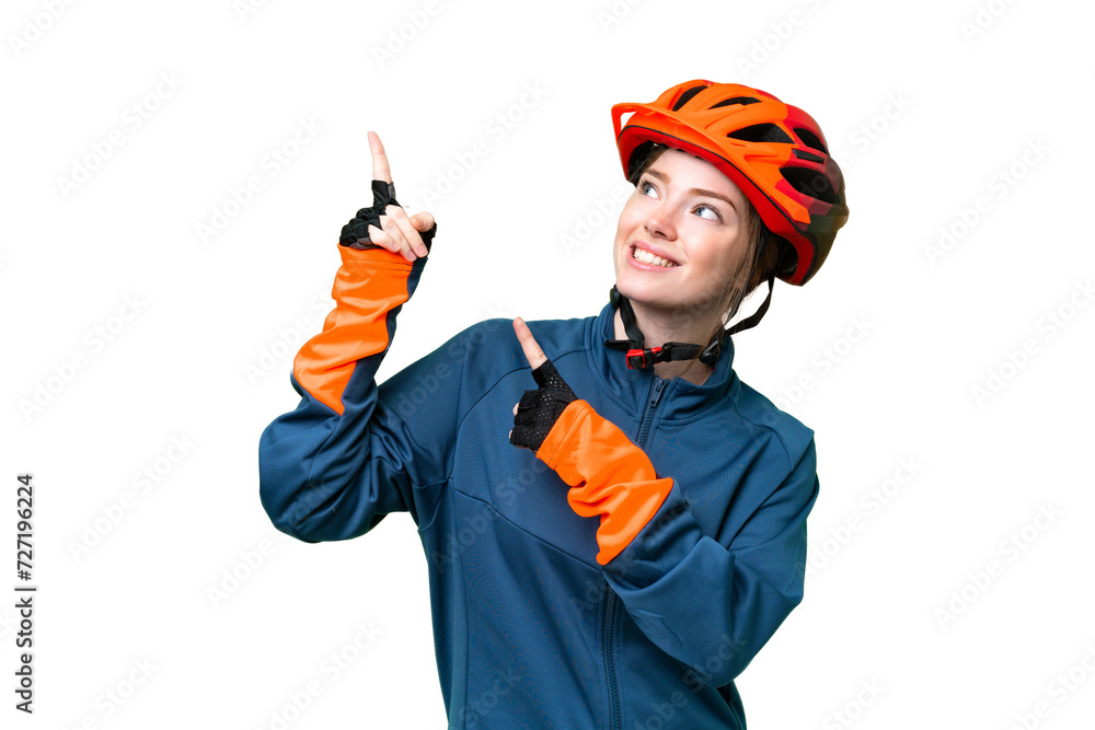 Young cyclist woman over isolated chroma key background pointing with the index finger a great idea Young cyclist woman over isolated chroma key background pointing with the index finger a great idea