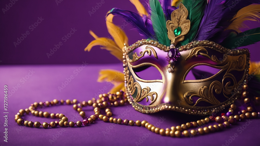 Mardi Gras carnival mask and beads on purple background Mardi Gras carnival mask and beads on purple background
