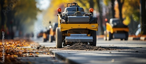 new asphalt road pavement construction, construction worker with road construction machine scene