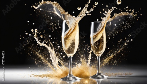 champagne splashes from glasses on the white background