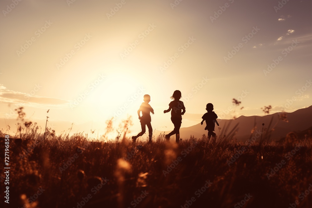 Silhouette children walking in the sunset