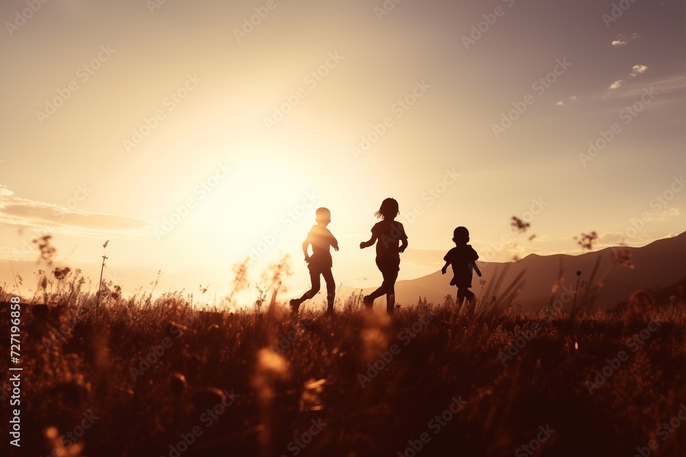 Silhouette children walking in the sunset Silhouette children walking in the sunset