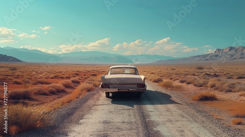 Car Driving Down a Dirt Road in the Desert. Generative AI. © DigitalMuseCreations