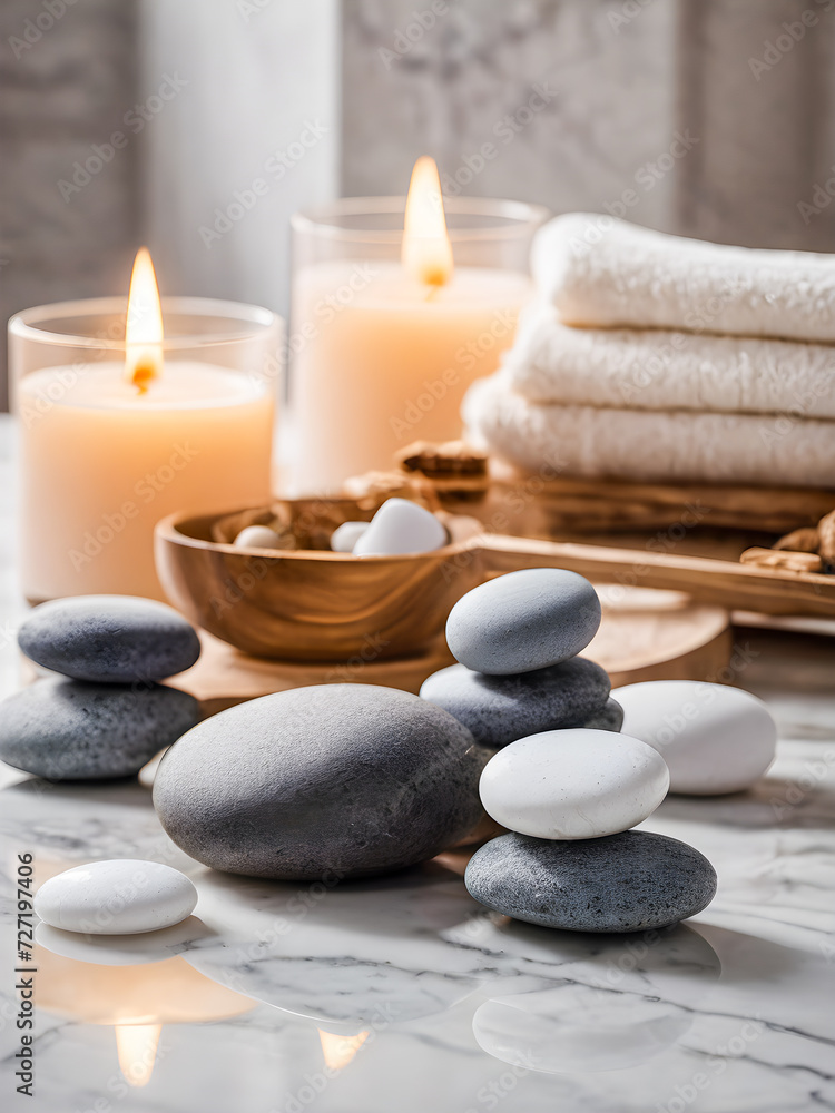 Spa still life with zen stones and candles on white marble background Spa still life with zen stones and candles on white marble background