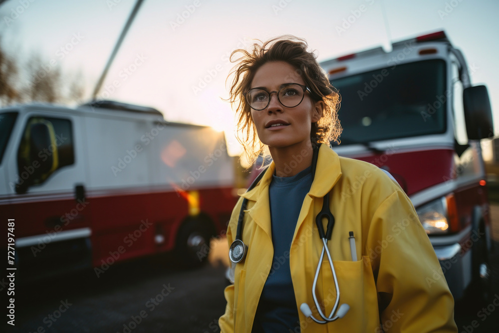Paramedic Woman in Front of Ambulance at Sunset Paramedic Woman in Front of Ambulance at Sunset