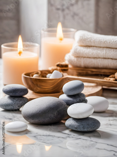 Spa still life with zen stones and candles on white marble background