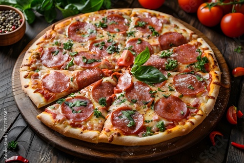 Pizza with salami, tomatoes, mozzarella, and a savory crust on a table board, making it a tasty and satisfying meal