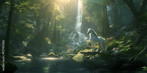 Mystical magical forest where the Unicorn feels safe - Beautiful White unicorn stood beside a deep dark pool with a waterfall in the background soft light and trees for shade 