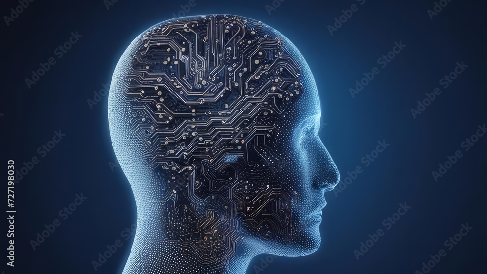 Obraz premium Robot head with communication channels for artificial intelligence.