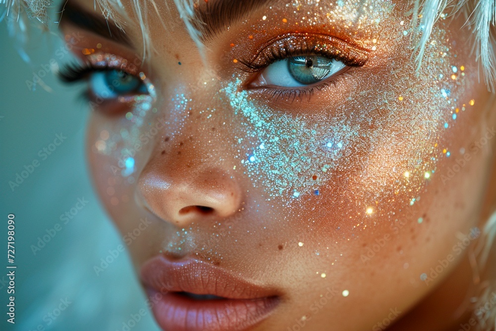 closeup beautiful woman with white short hairstyle, creative makeup with glitter