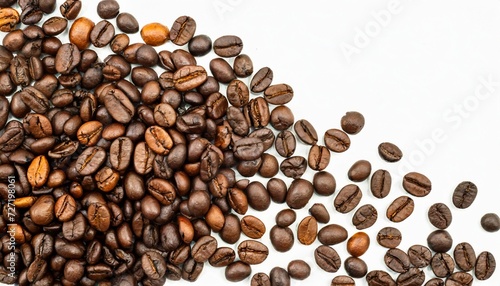 a spread coffee beans on white background and copy space