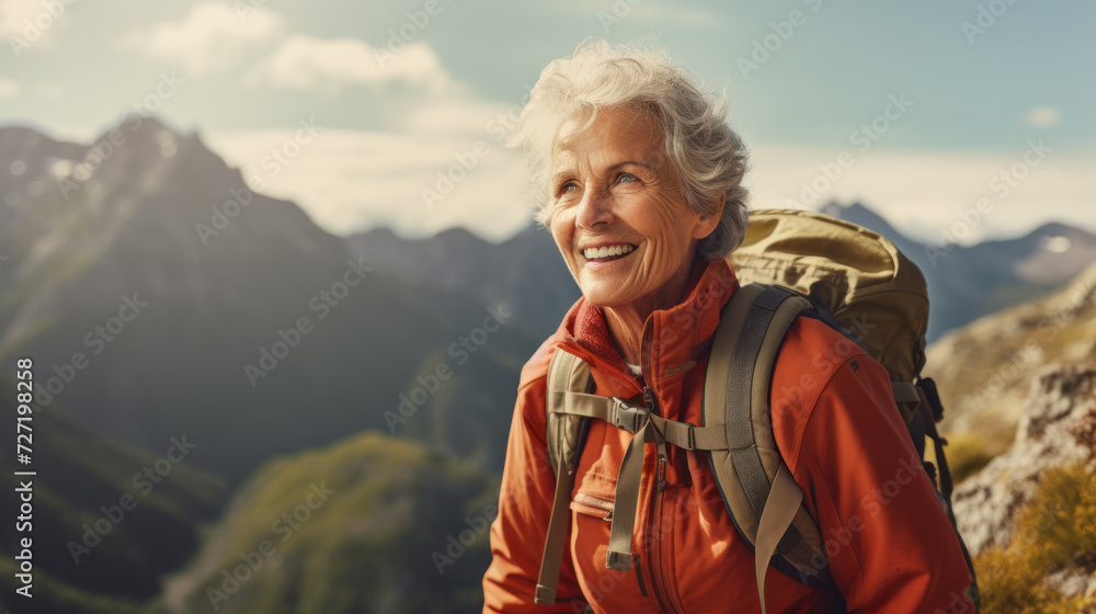Attractive senior woman walking outdoors in nature at sunset, hiking.