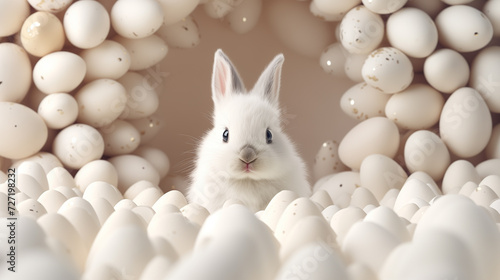 One white fluffy Easter rabbit animal hare sits close-up against a beige background. There are plenty of chicken white eggs around in golden glitter shells. © MargaritaSh