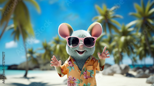 Cheerful animated mouse figure in sunglasses and Hawaiian shirt on a tropical beach, symbolizing vacation, relaxation, fun in the sun.Vacation concept.AI generated.