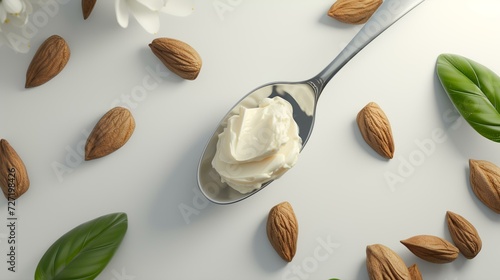 Almond butter in spoon and almonds on white background, 3d rendering