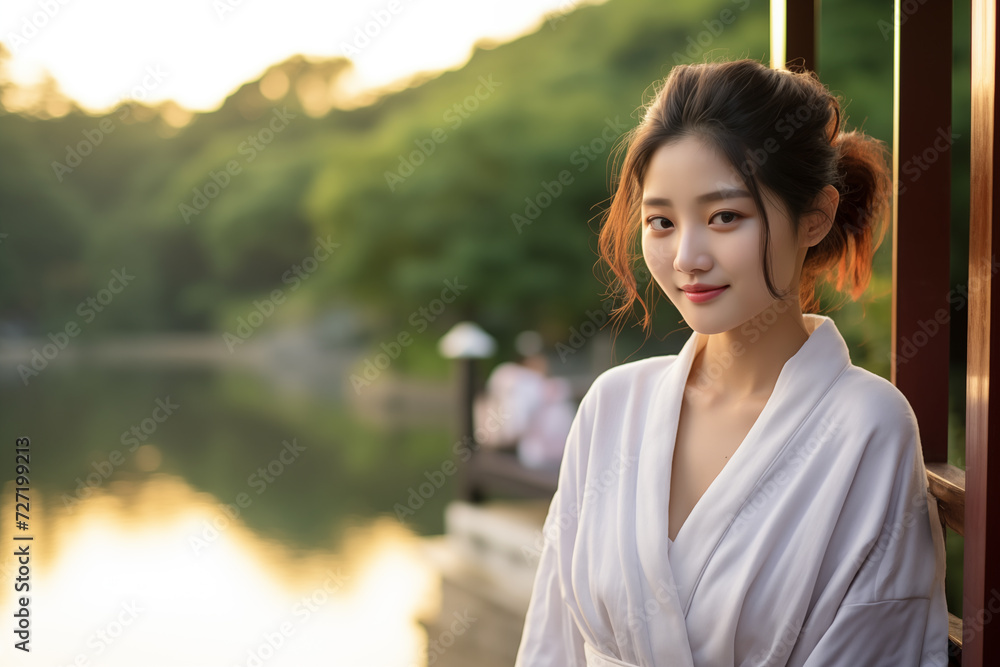 Young pretty Chinese woman at outdoors in a bathrobe
