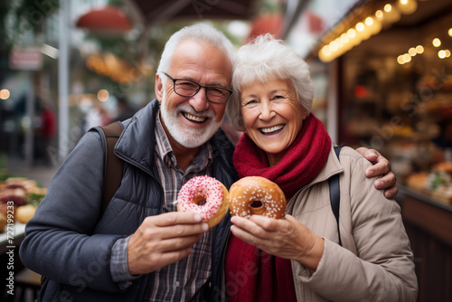 Middle aged couple at indoors holding a donut