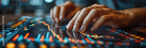 An investor's hand hovering over a tablet, controlling a virtual portfolio of stocks and assets © MaiHuong Studio