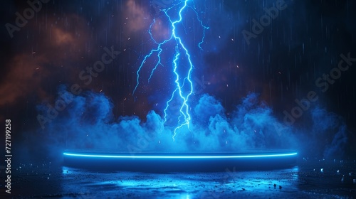 An empty podium scene for a product presentation with blue dramatic lighting strikes